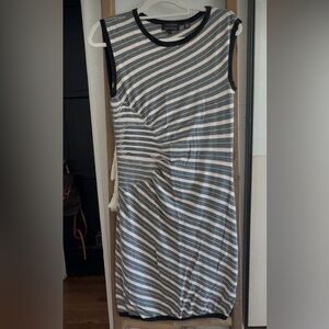 Ted Baker London Gray and White Striped Midi Dress with Side Ruching